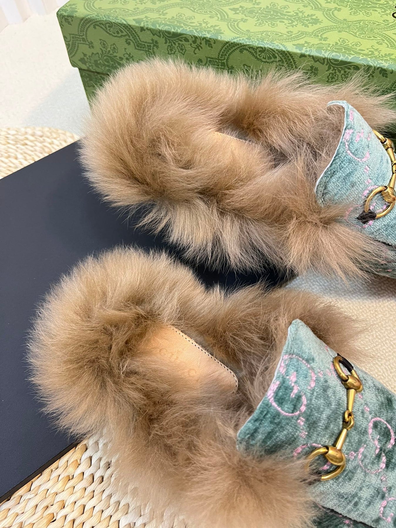 HORSEBIT MULE IN TURQUOISE MONOGRAM VELVET AND LAMB WOOL LINING