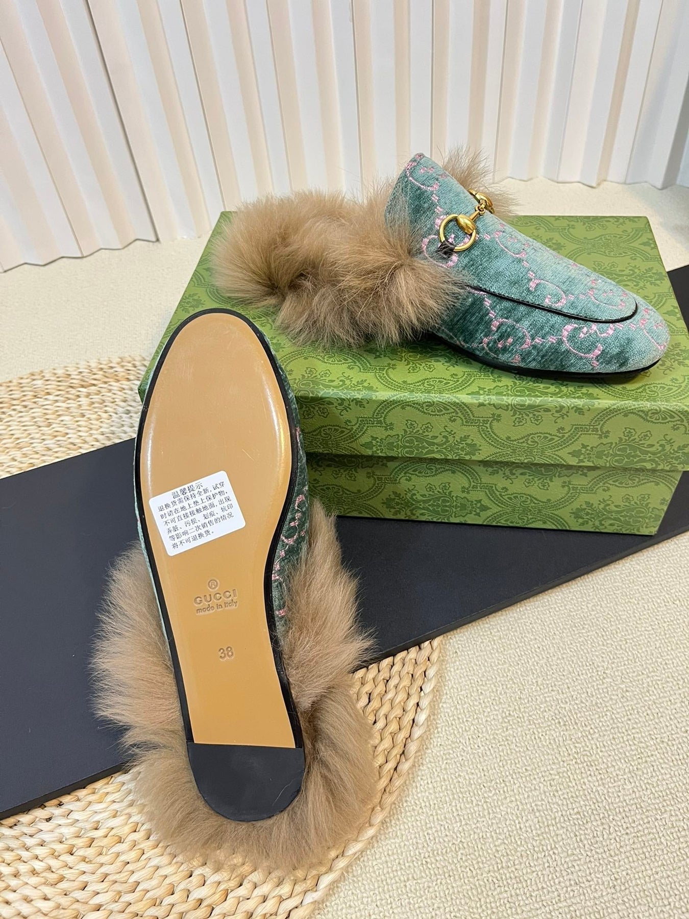 HORSEBIT MULE IN TURQUOISE MONOGRAM VELVET AND LAMB WOOL LINING