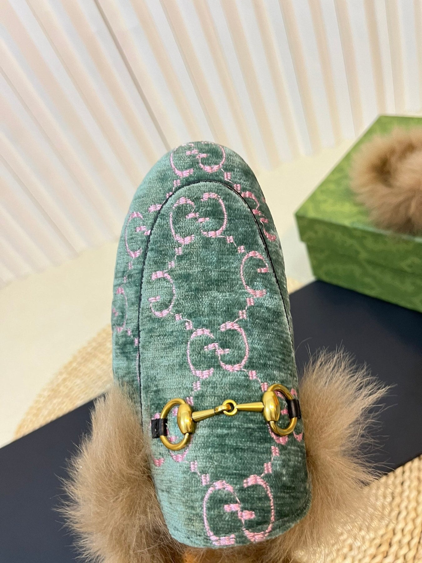 HORSEBIT MULE IN TURQUOISE MONOGRAM VELVET AND LAMB WOOL LINING