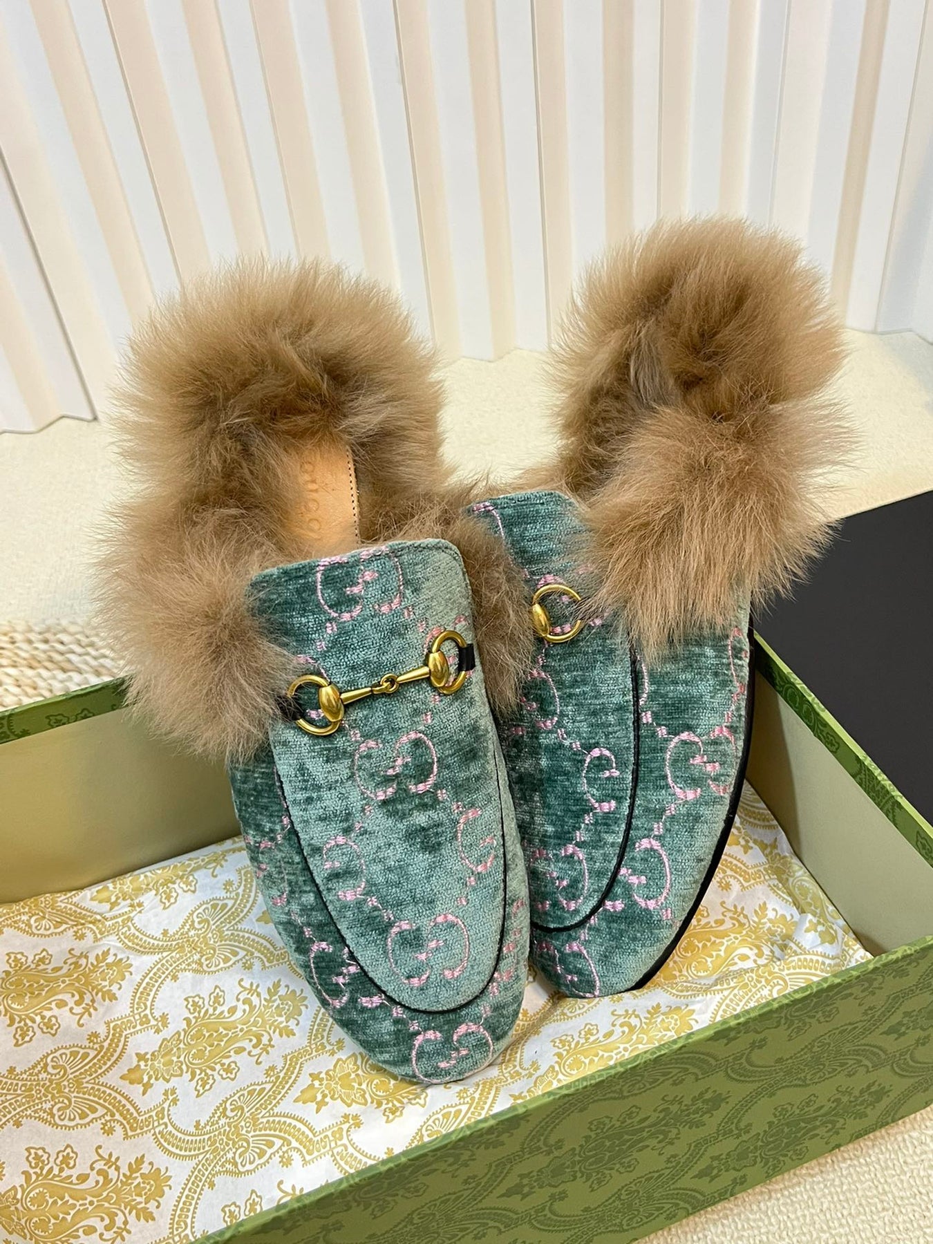 HORSEBIT MULE IN TURQUOISE MONOGRAM VELVET AND LAMB WOOL LINING