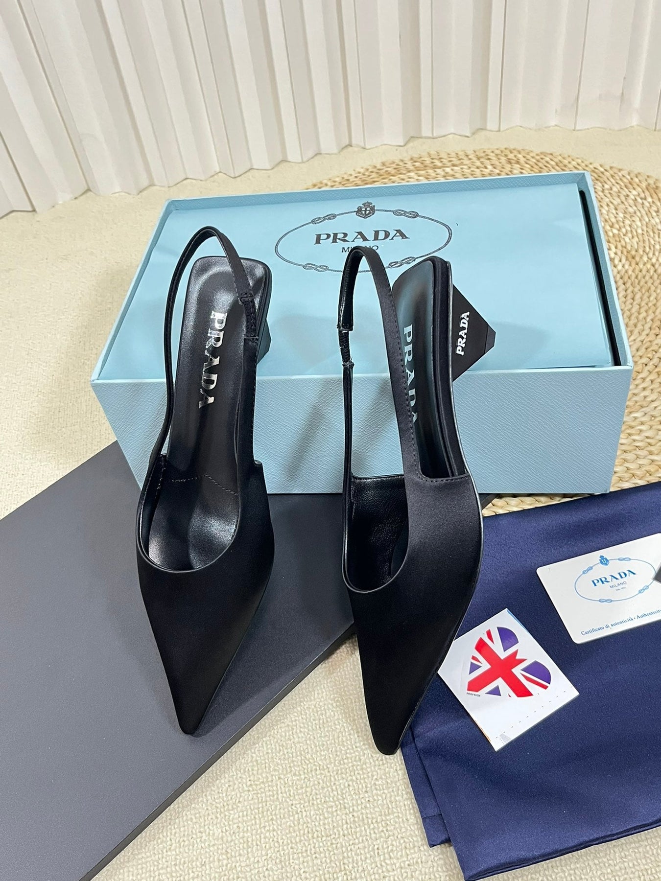 PRA POINTED TOE SLINGBACK PUMPS BLACK SATIN