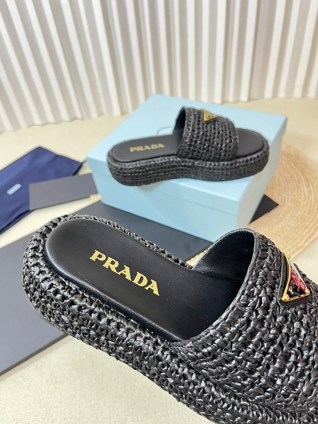PRA CROCHET FLATFORM SLIDES BLACK RAFFIA