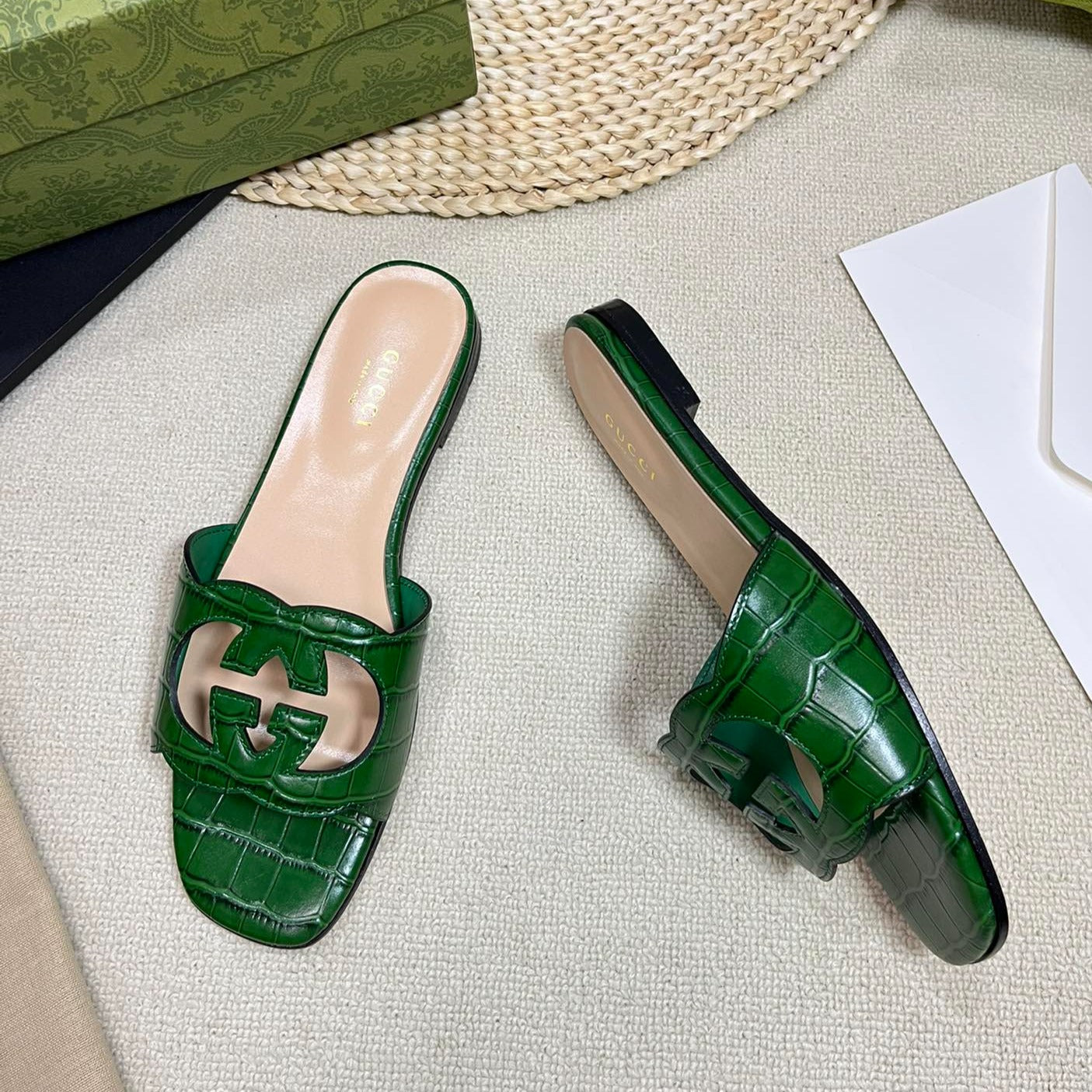 GG Cut Out Slide Sandals Forest Green
