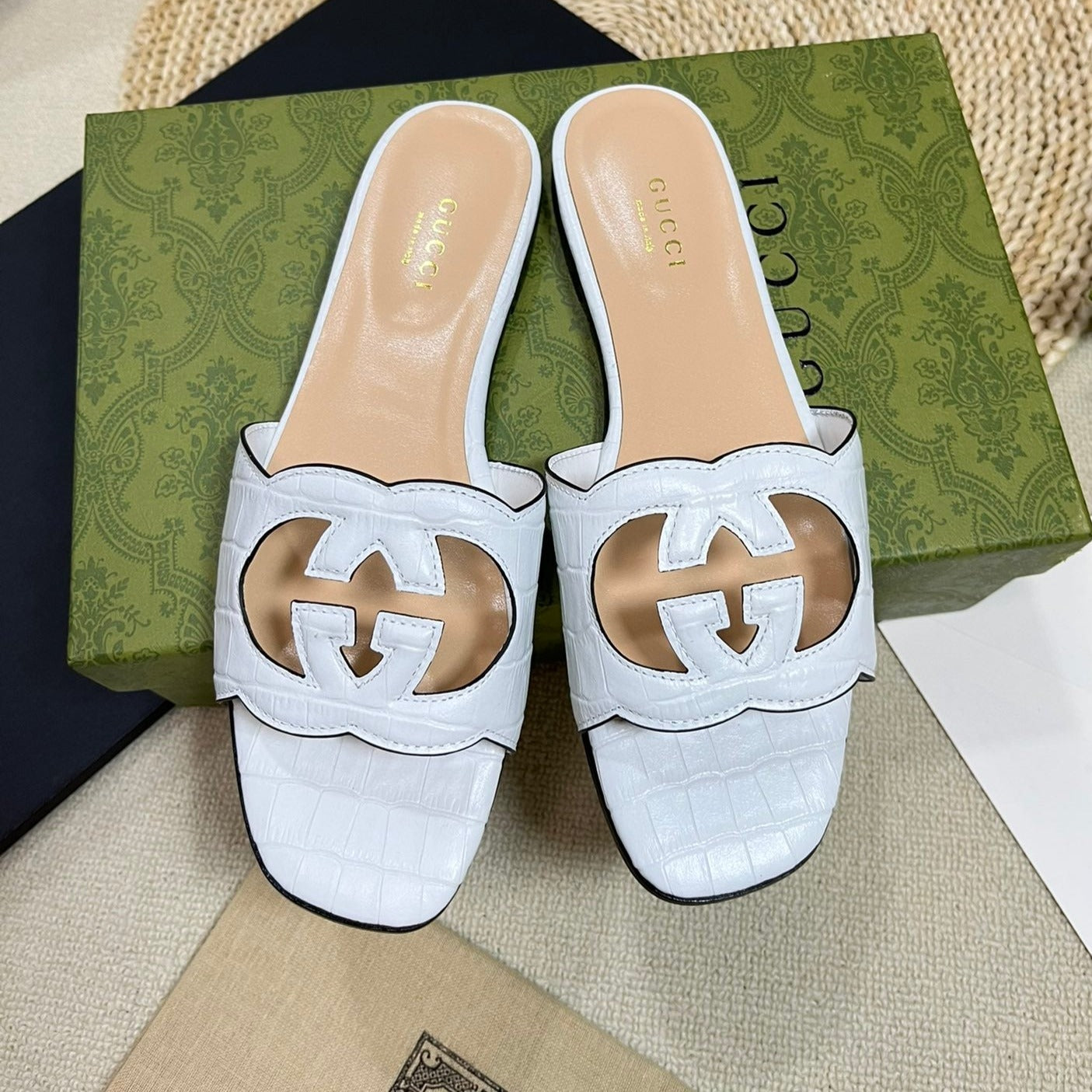 GG Cut Out Slide Sandals White