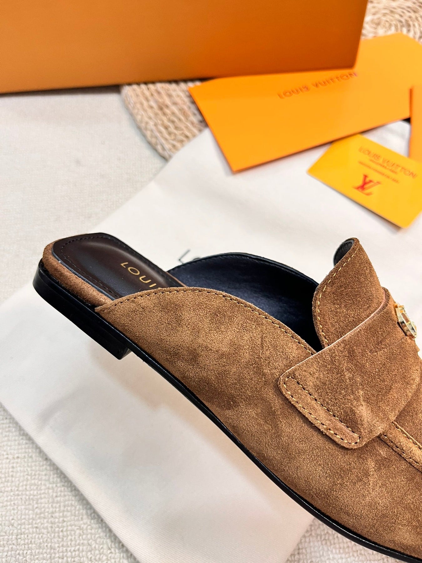 LV CAPRI OPEN BACK LOAFERS IN CHOCOLATE BROWN SUEDE