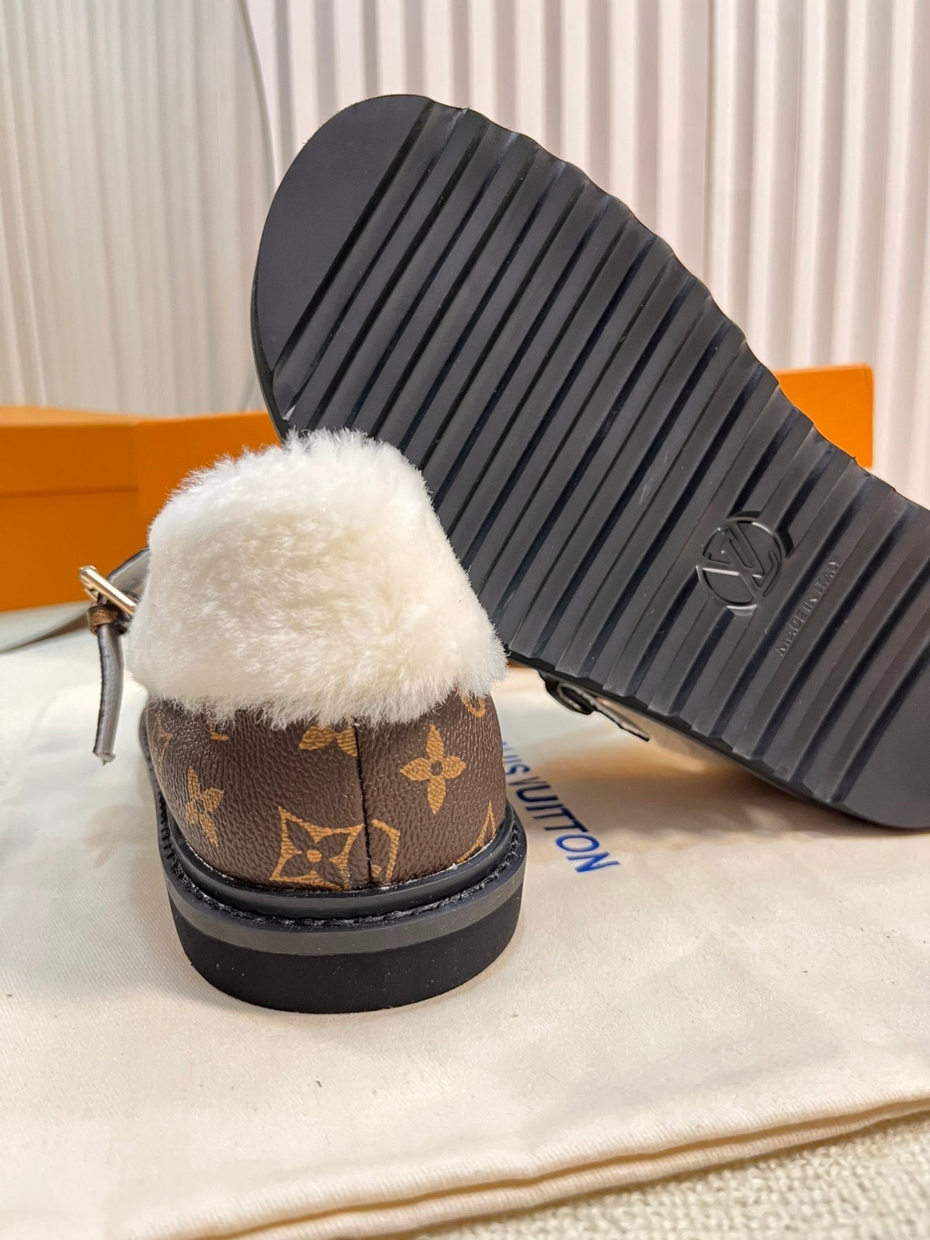 COLORADO COMFORT MARY JANE IN CHOCOLATE BROWN MONOGRAM CALFSKIN AND SHEARLING LINING