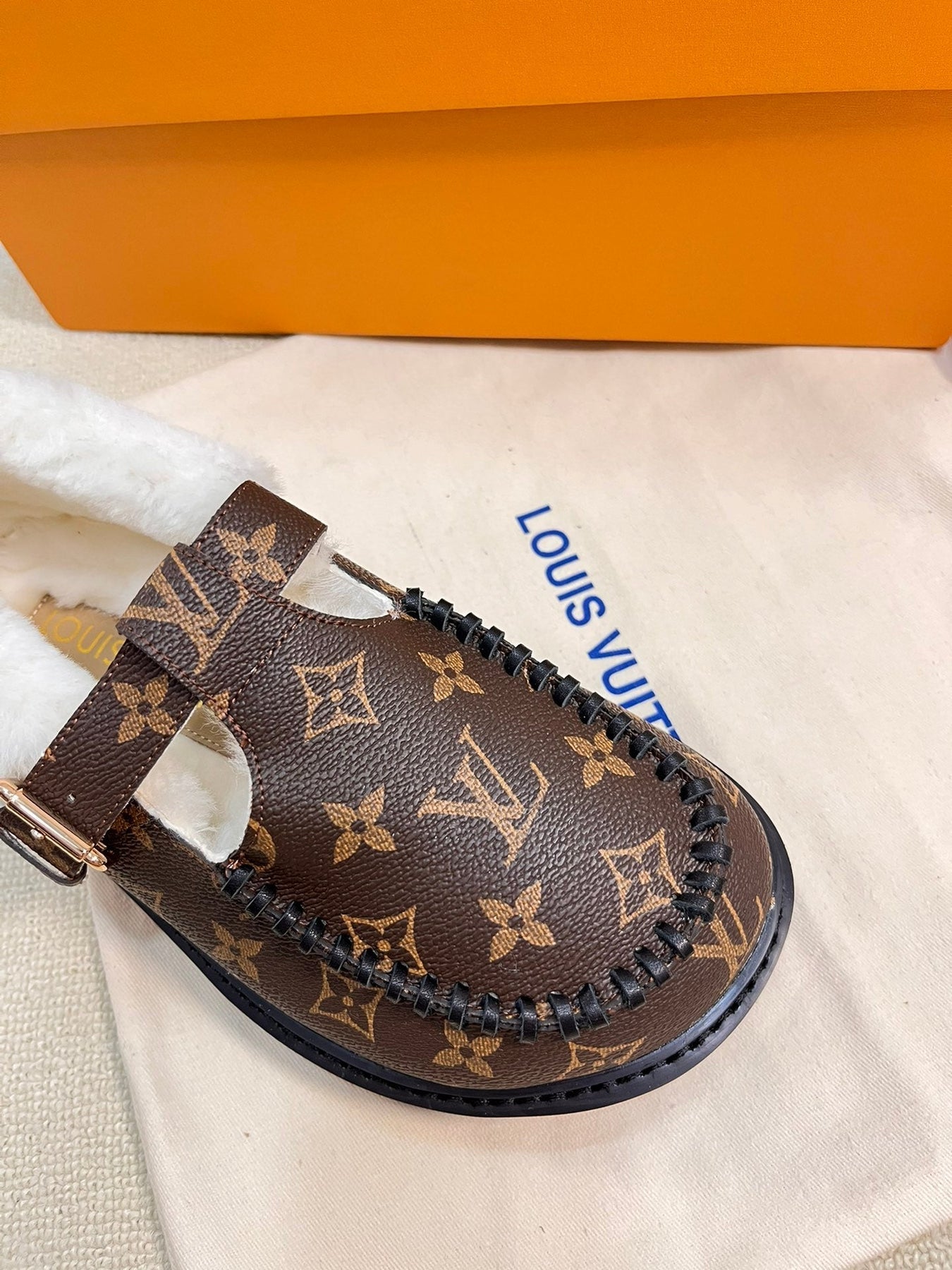 COLORADO COMFORT MARY JANE IN CHOCOLATE BROWN MONOGRAM CALFSKIN AND SHEARLING LINING