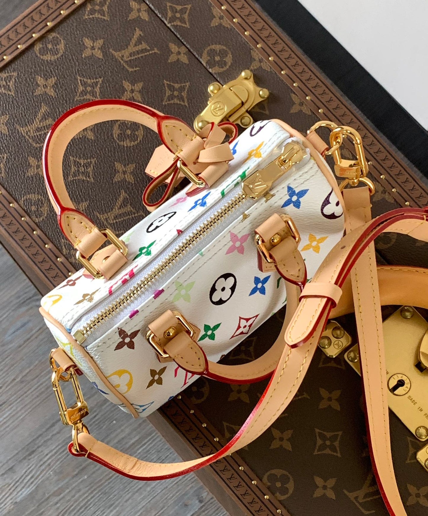 NANO SPEEDY BAG 16 IN COLORFUL MONOGRAM PATTERN AND WHITE COATED CANVAS