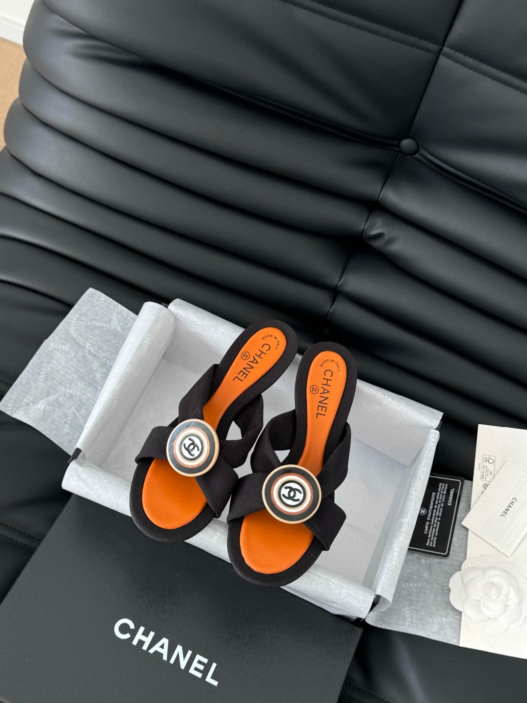 BLACK FABRIC CC SLIDE SANDALS