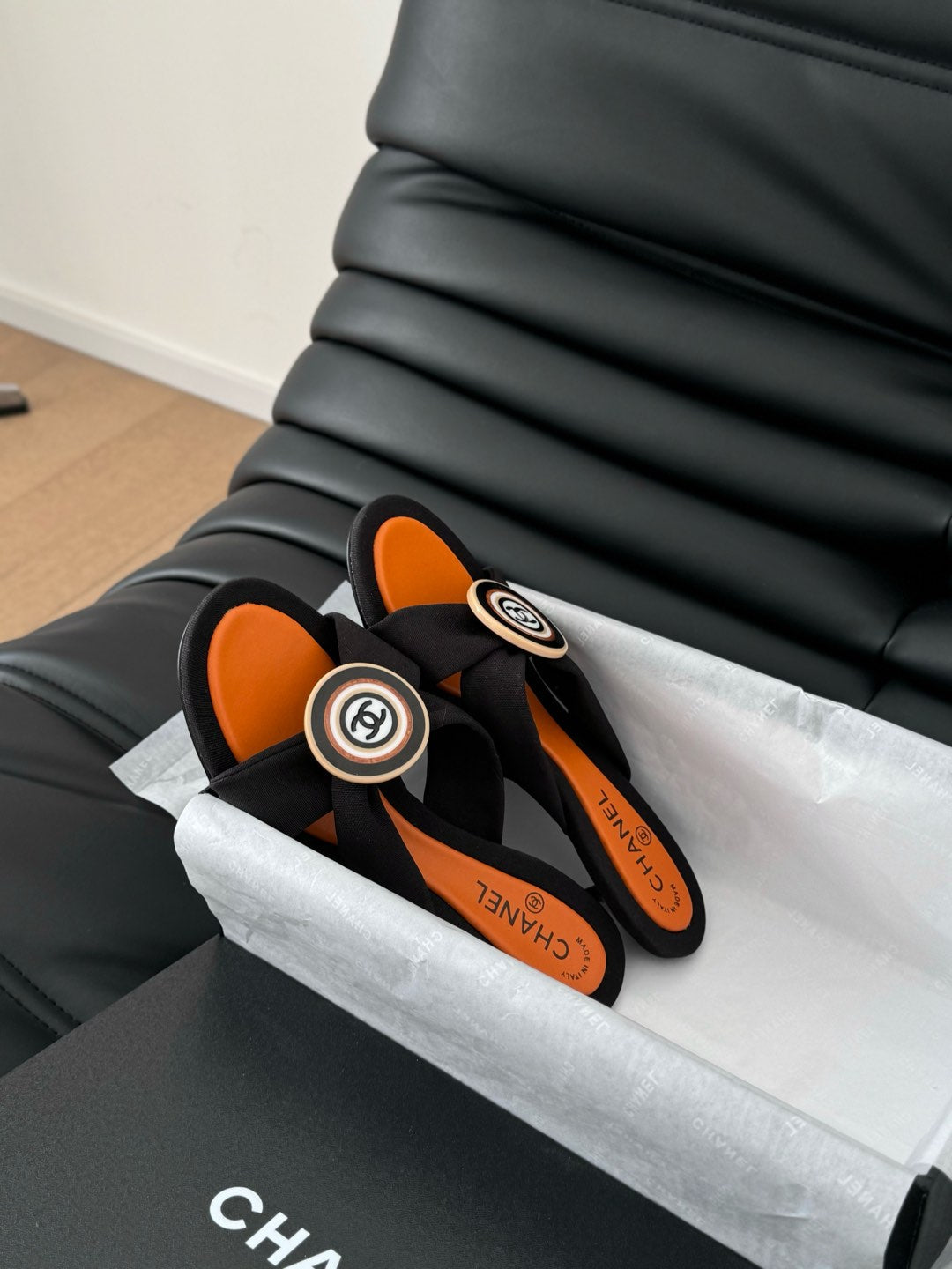 BLACK FABRIC CC SLIDE SANDALS