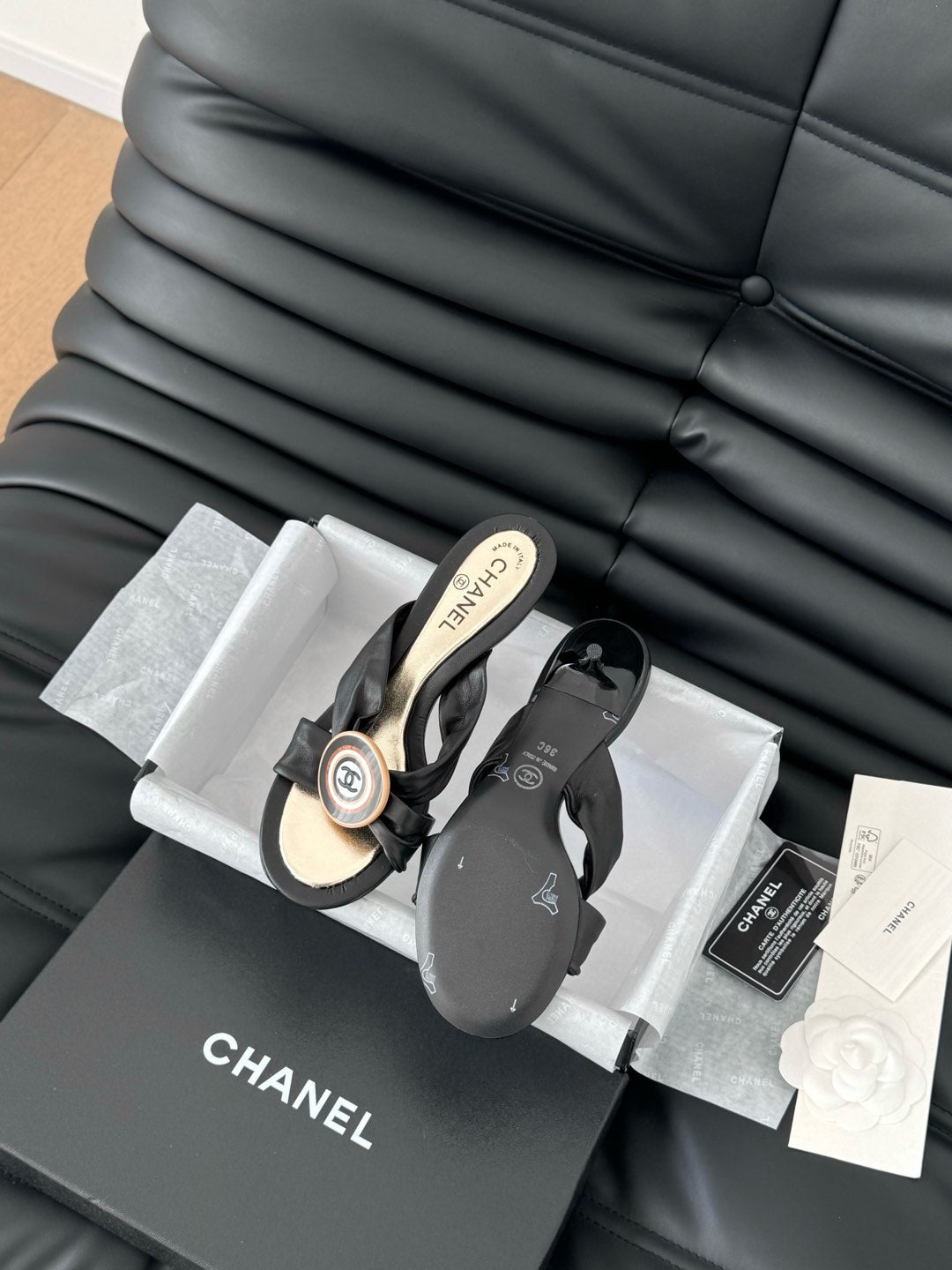 BLACK LAMBSKIN CC SLIDE SANDALS