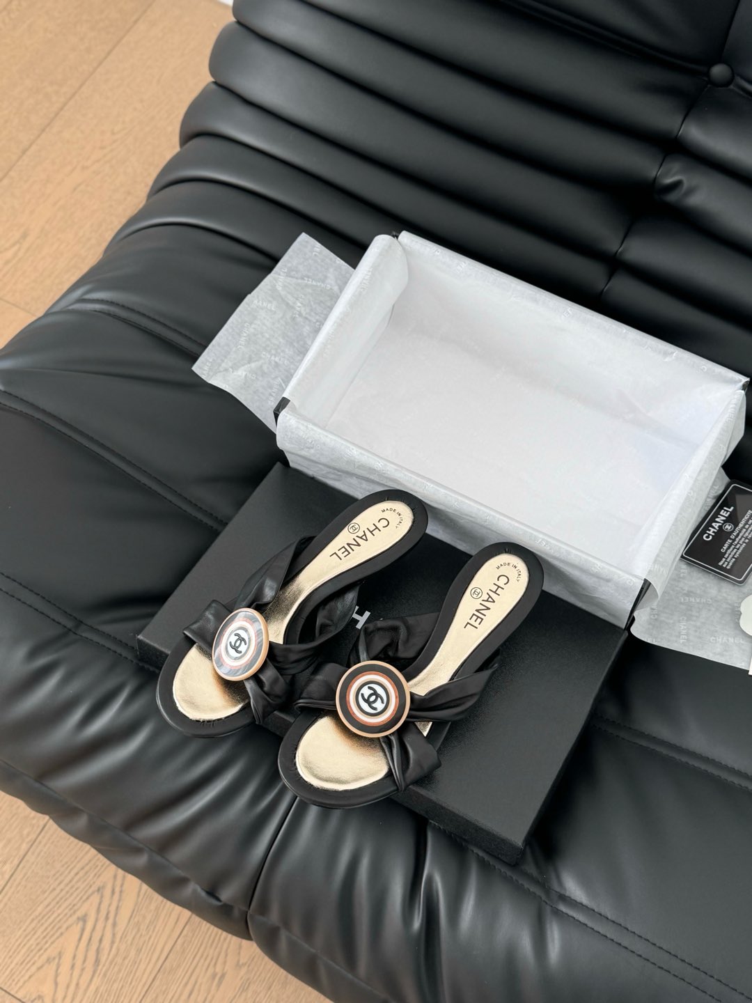 BLACK LAMBSKIN CC SLIDE SANDALS