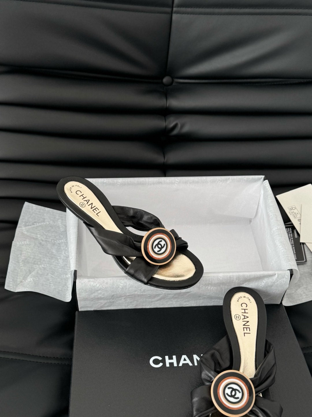 BLACK LAMBSKIN CC SLIDE SANDALS