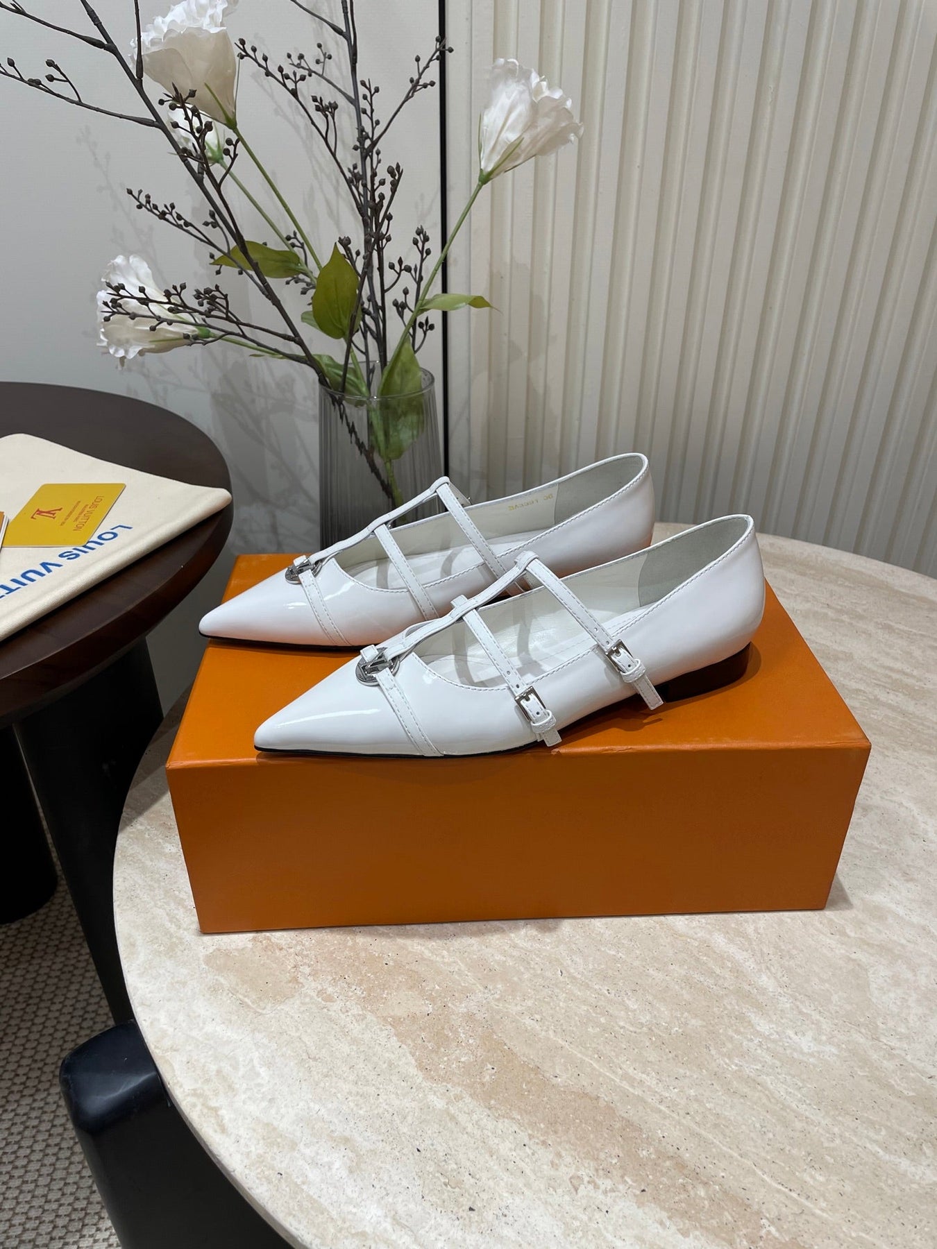 POINTED-TOE TRIPLE-STRAP BALLET FLAT IN WHITE PATENT CALFSKIN