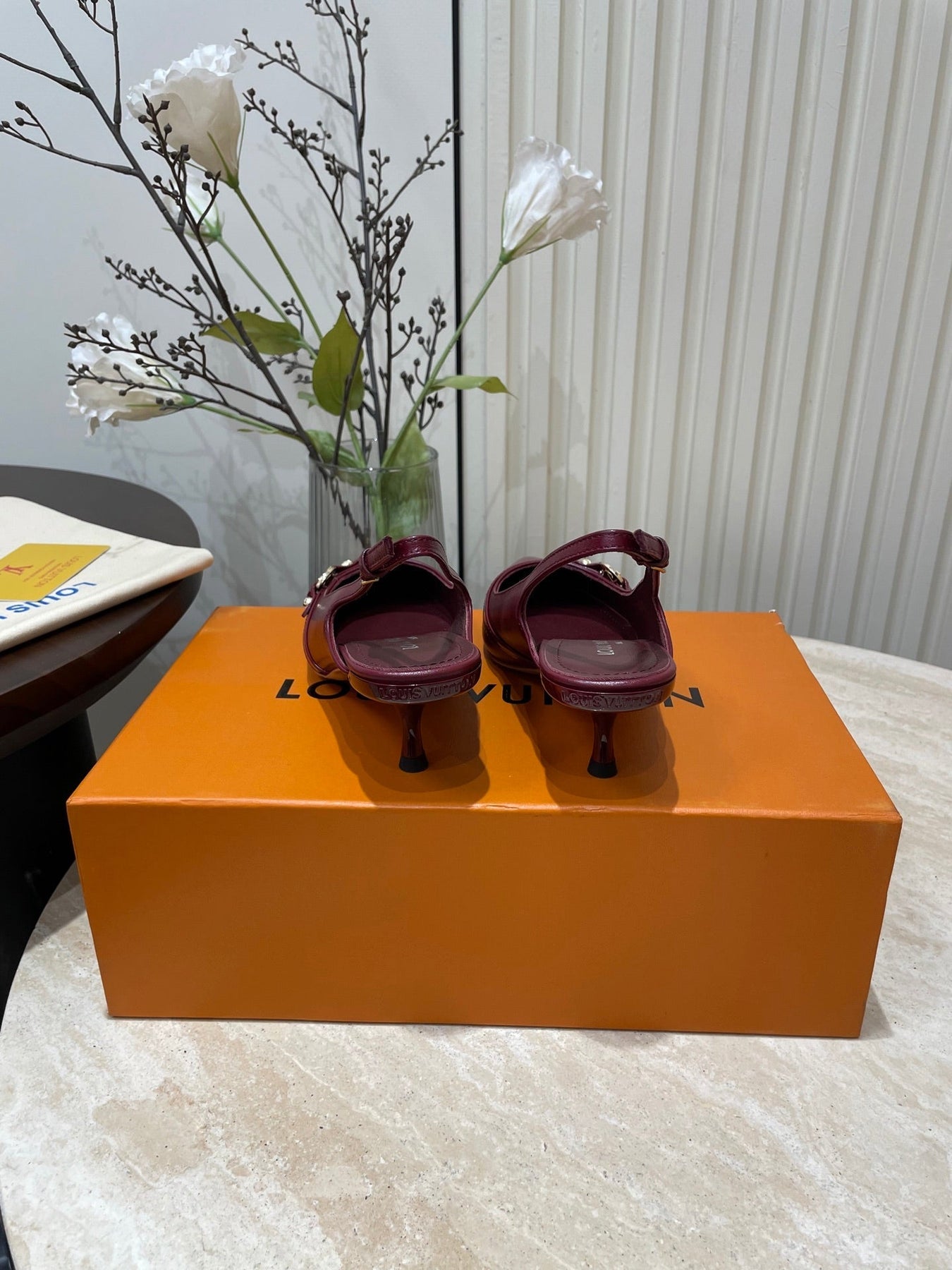 HIGH SLINGBACKS 5 CM IN BURGUNDY RED CALFSKIN