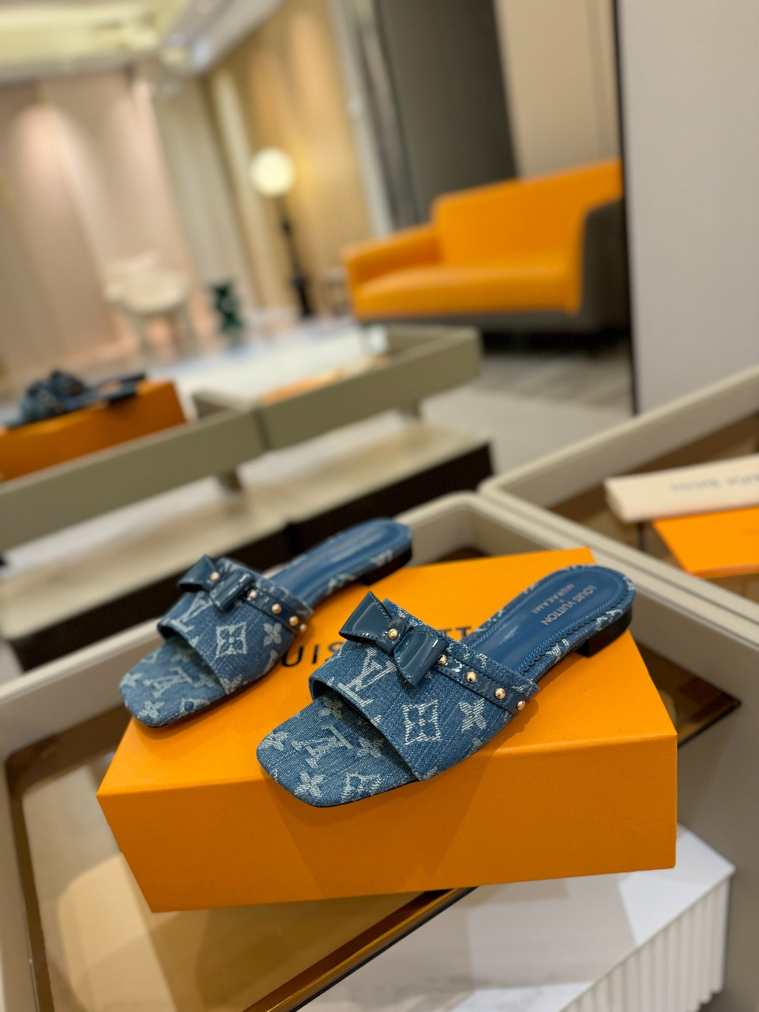 LV X TM 6AM FLAT MULE IN NAVY BLUE MONOGRAM DENIM