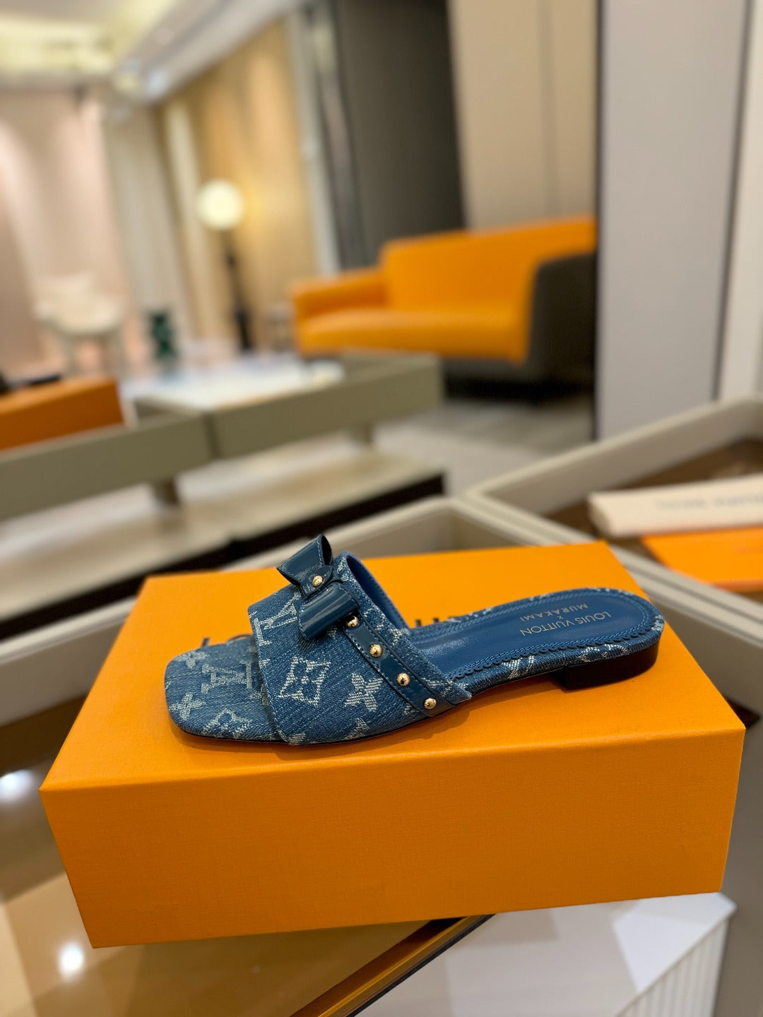 LV X TM 6AM FLAT MULE IN NAVY BLUE MONOGRAM DENIM