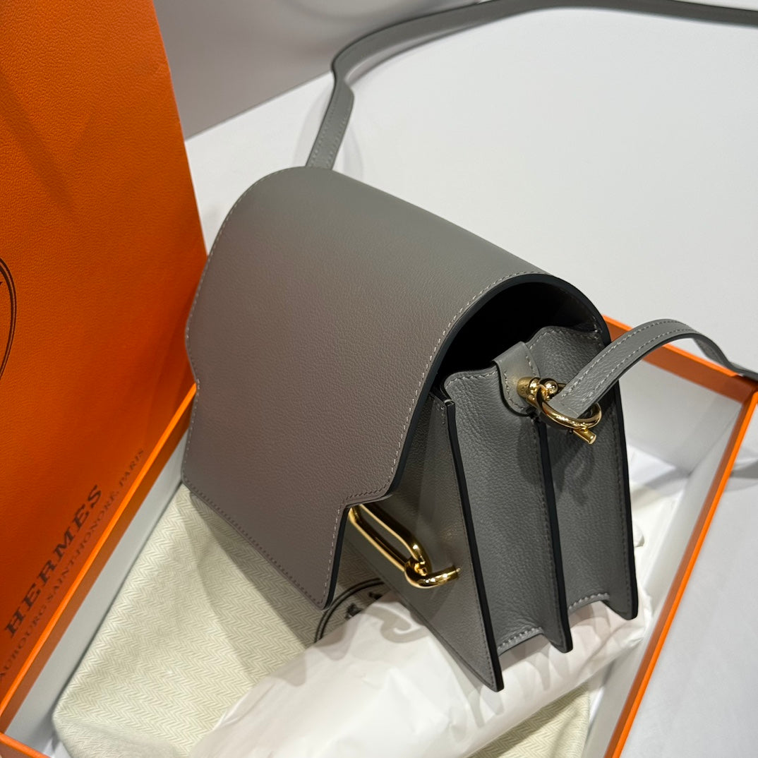 HM ROULIS 18 MINI BAG IN DARK GREY CALFSKIN GOLD-TONE HARDWARE