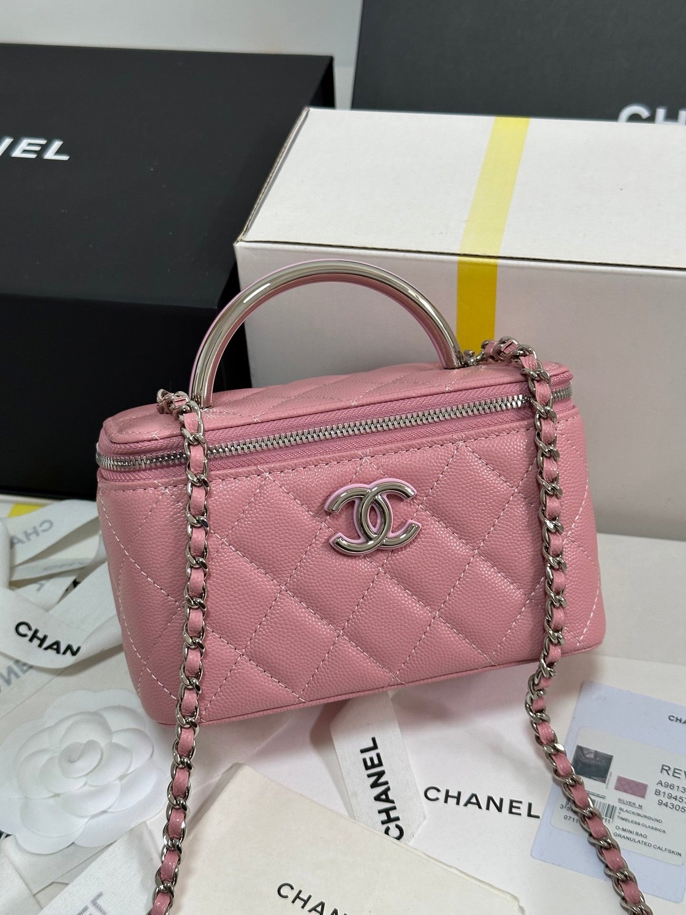 MINI VANITY TOP HANDLE CASE 17 IN PINK CAVIAR SKIN SILVER-TONE PLATED METAL