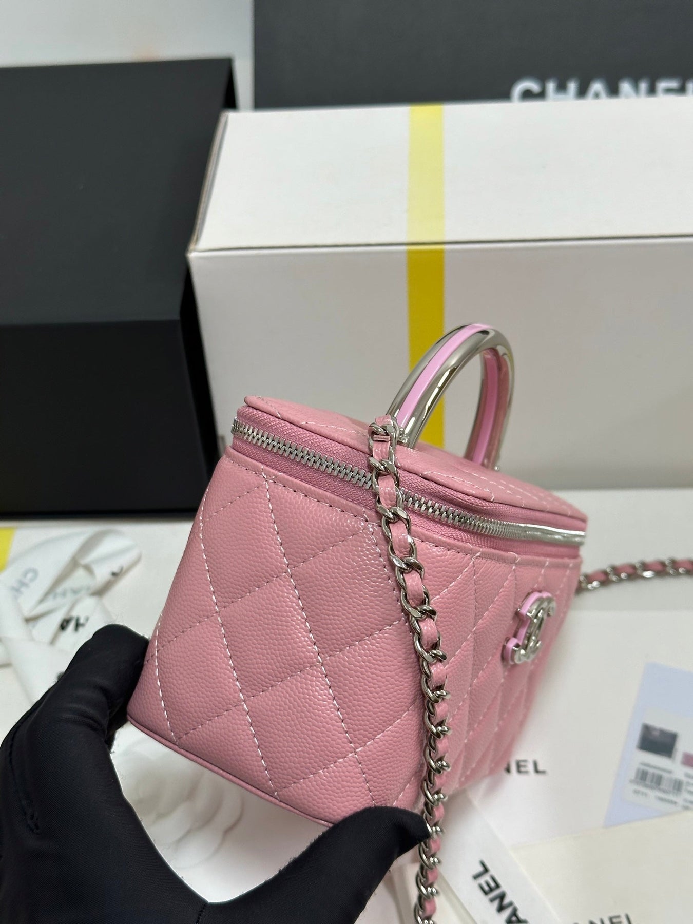 MINI VANITY TOP HANDLE CASE 17 IN PINK CAVIAR SKIN SILVER-TONE PLATED METAL