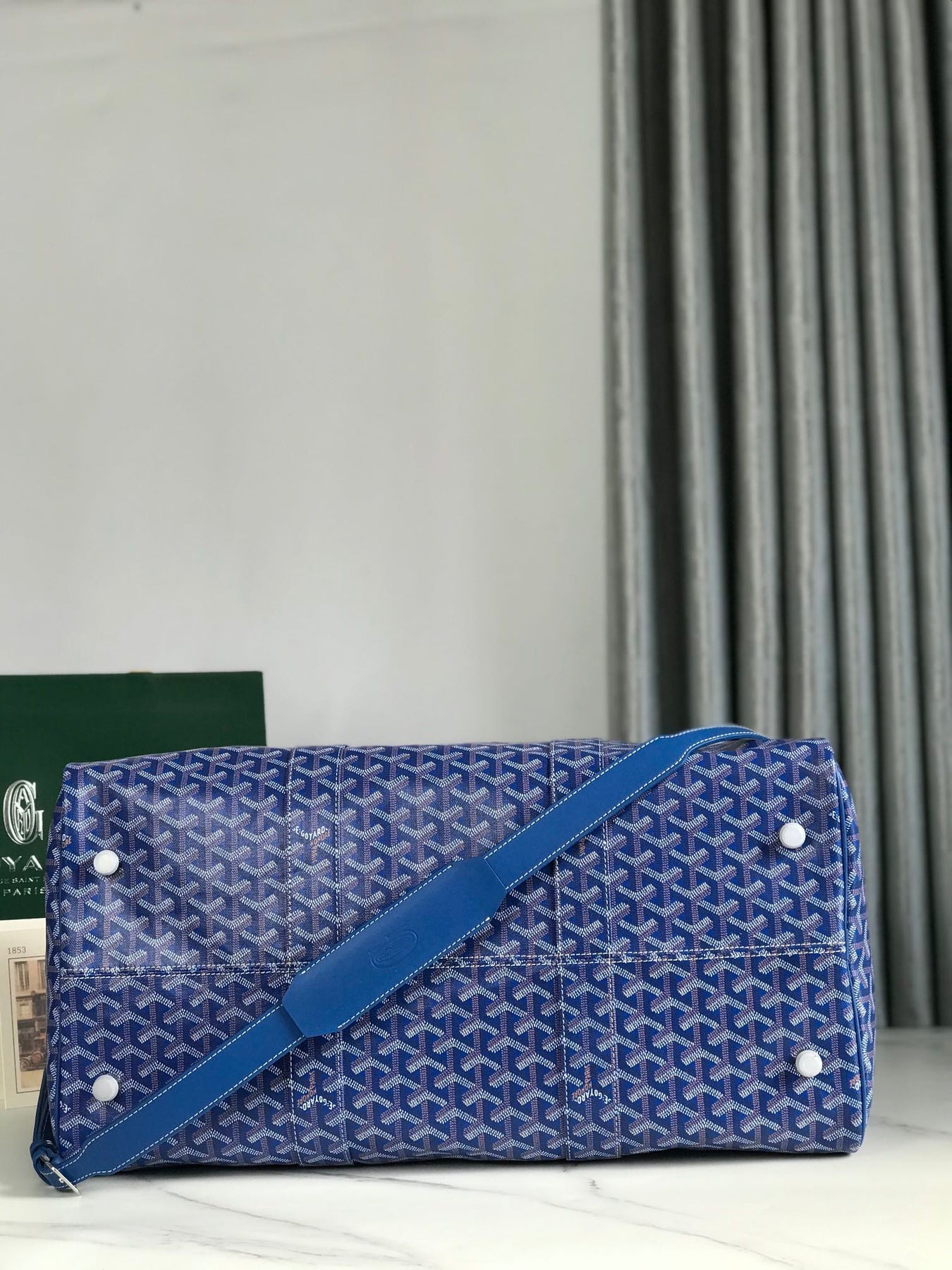 BOSTON 50 BAG IN SAPPHIRE BLUE GOYARDINE CANVAS AND CALFSKIN TRIM