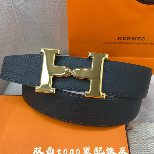 HM H BELT BUCKLE & REVERSIBLE BLACK LEATHER STRAP 38MM GOLD HARDWARE
