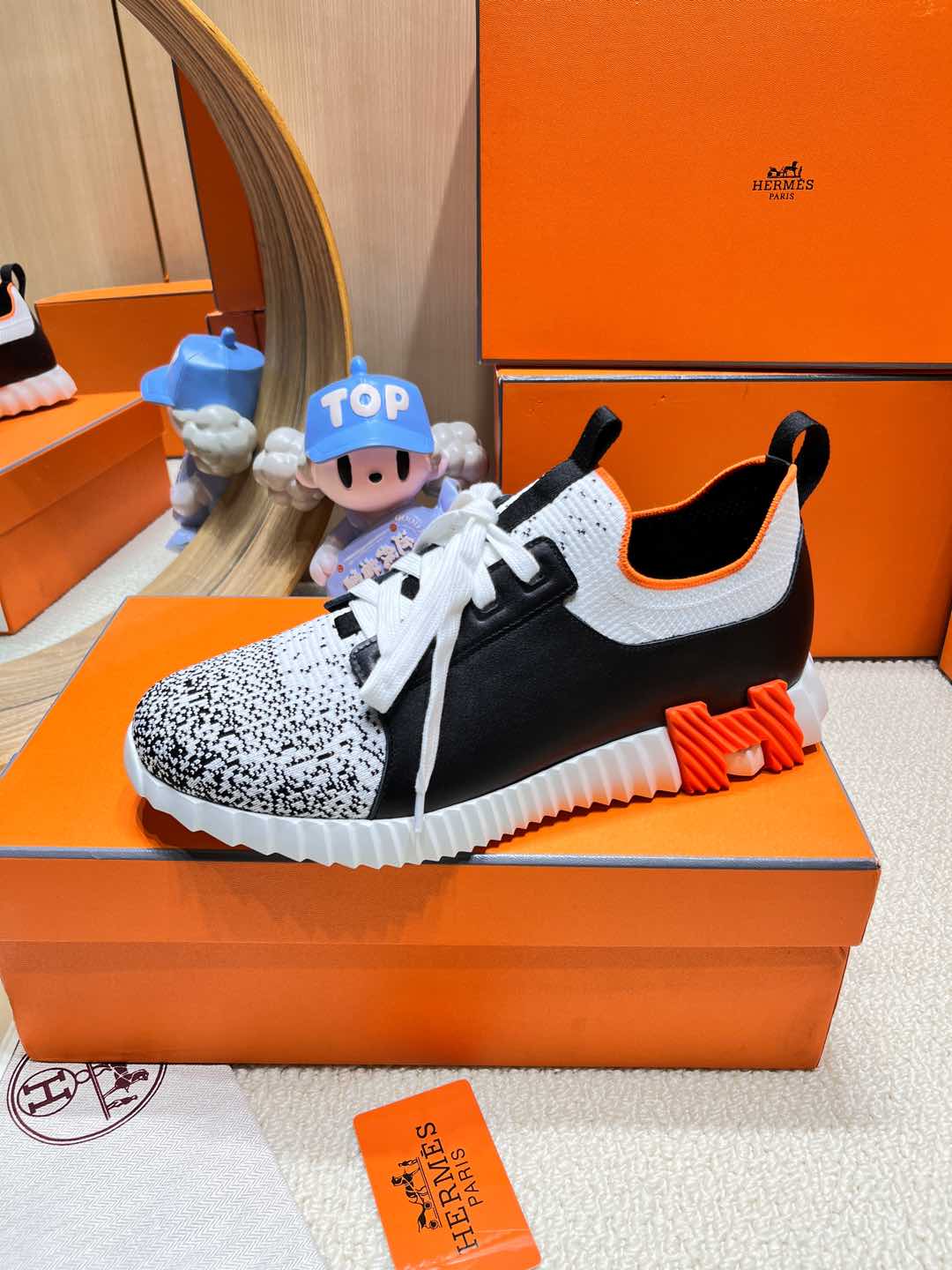 DEPART SLIP-ON SNEAKER IN WHITE MIX BLACK KNIT AND BLACK CALFSKIN