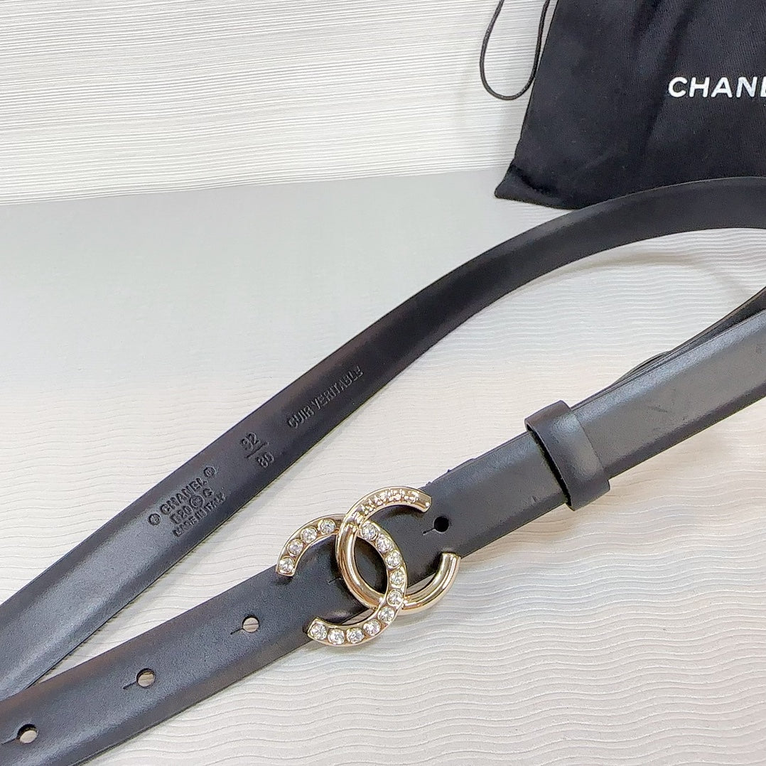 CC BELT 20 MM IN BLACK SMOOTH CALFSKIN GOLD HARDWARE ATTACH RHINSTONE