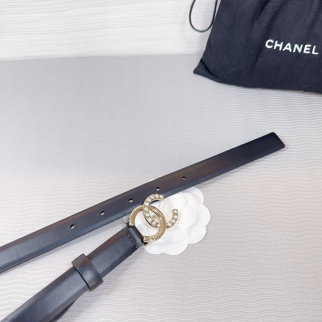 CC BELT 20 MM IN BLACK SMOOTH CALFSKIN GOLD HARDWARE ATTACH RHINSTONE