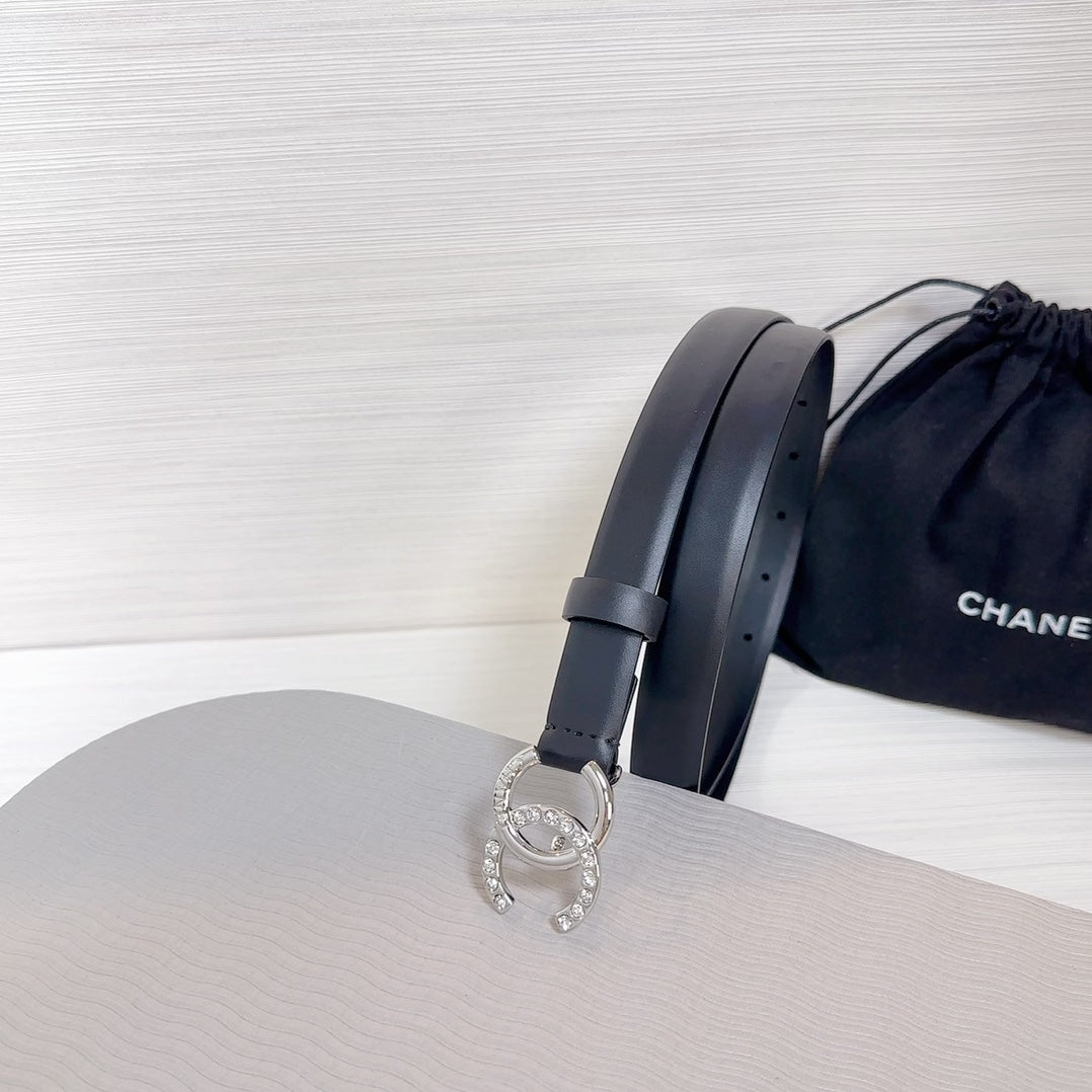 CC BELT 20 MM IN BLACK SMOOTH CALFSKIN SILVER HARDWARE ATTACH RHINSTONE