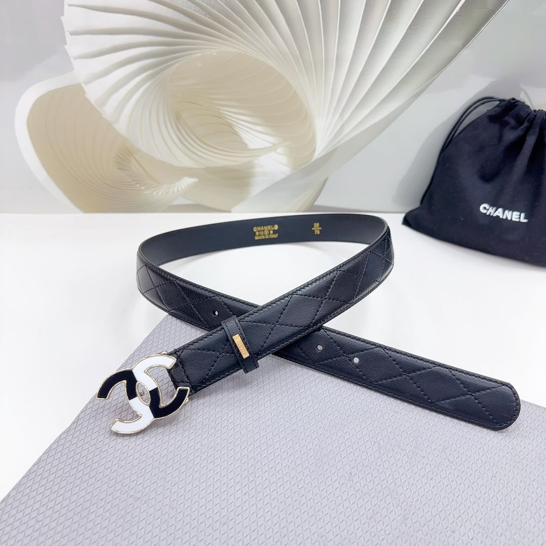 CC BELT 30 MM BLACK CALFSKIN WITH BLACK MIX WHITE LOGO