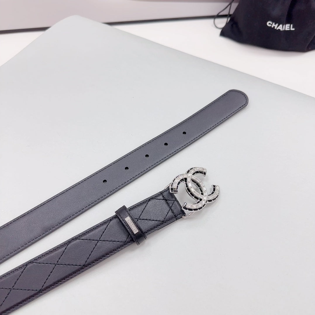 CC 30MM BELT IN BLACK EMBROIDERED CALFSKIN SILVER HARDWARE