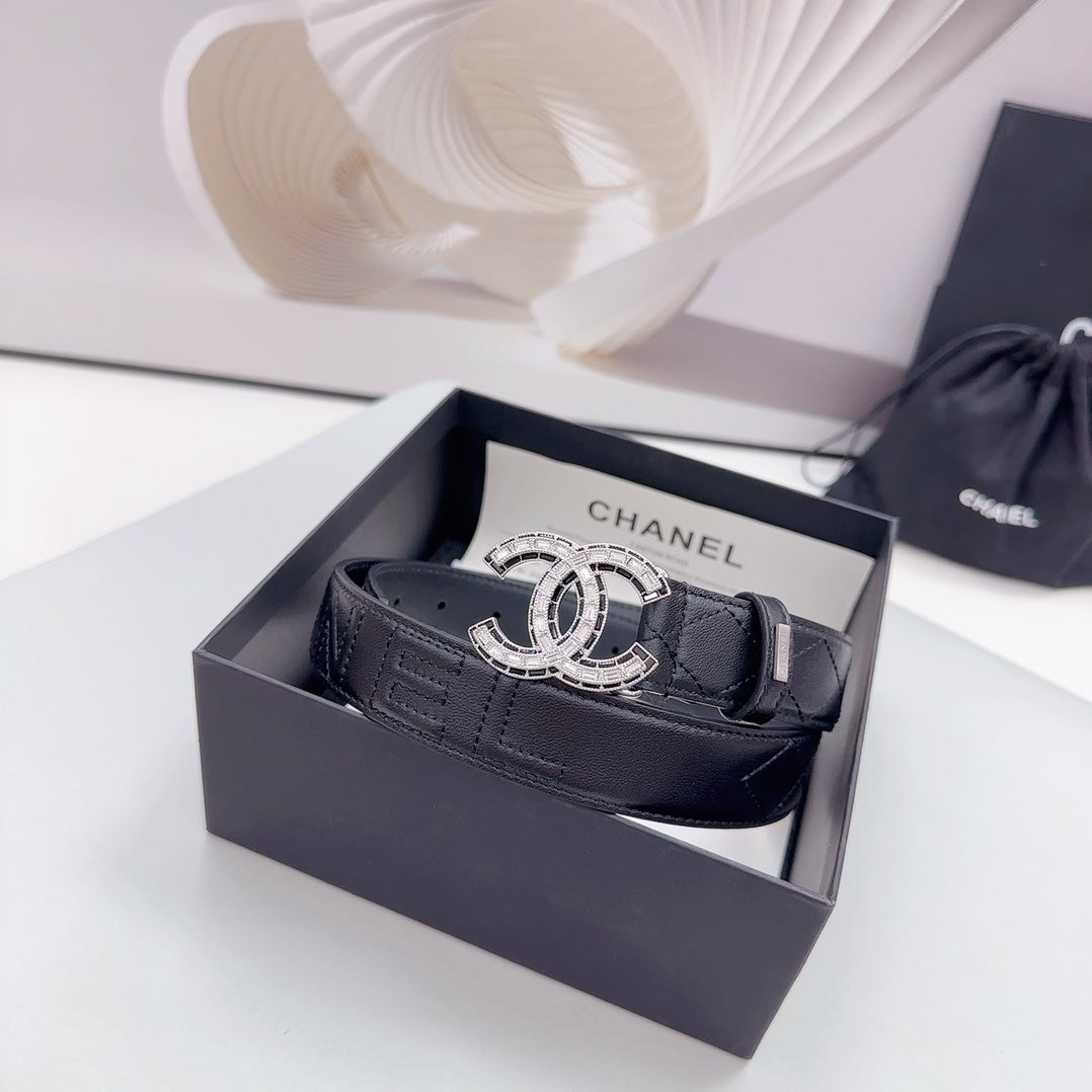 CC 30MM BELT IN BLACK EMBROIDERED CALFSKIN SILVER HARDWARE