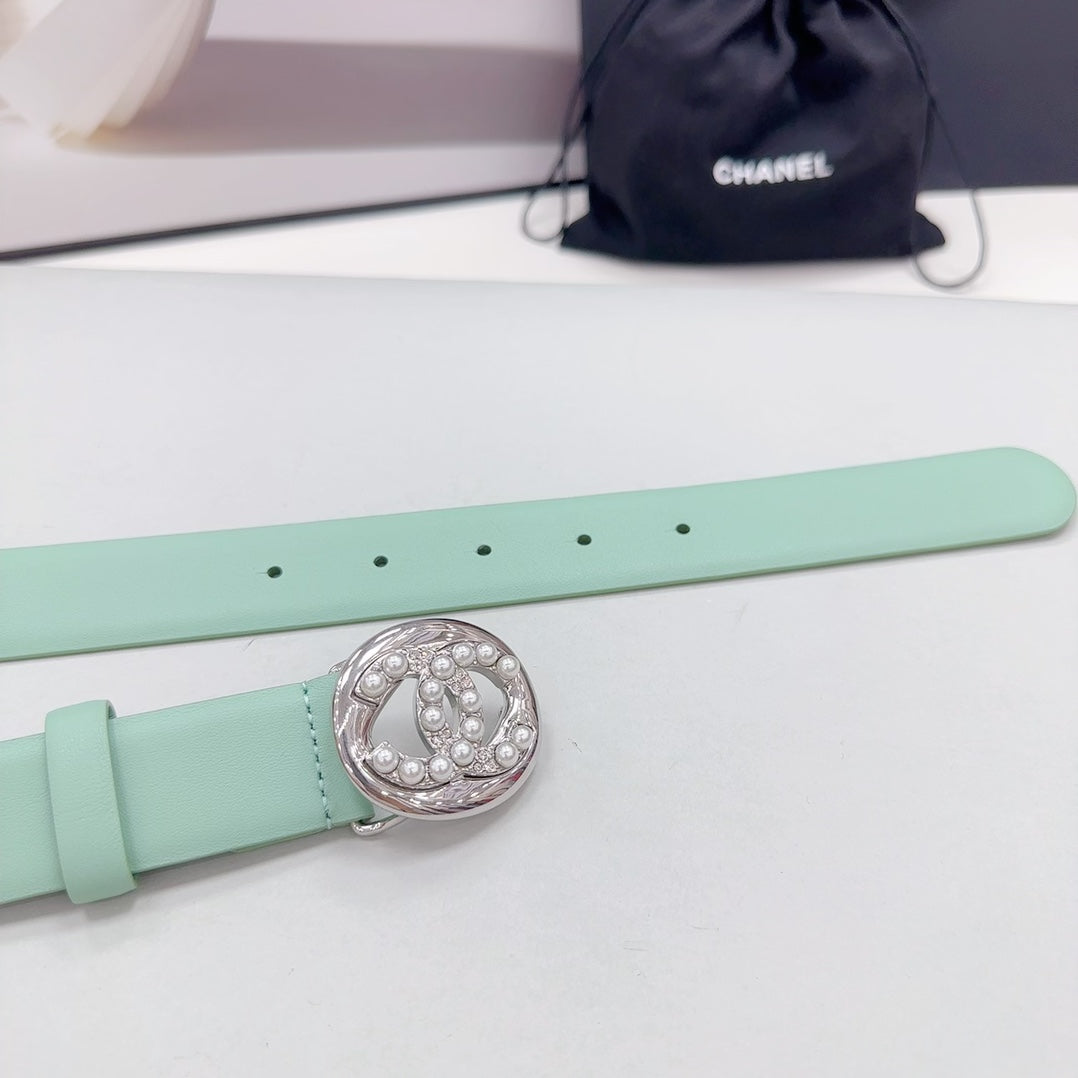 CC 30MM BELT IN GREEN MINT CALFSKIN SILVER HARDWARE ATTACH PEARLS