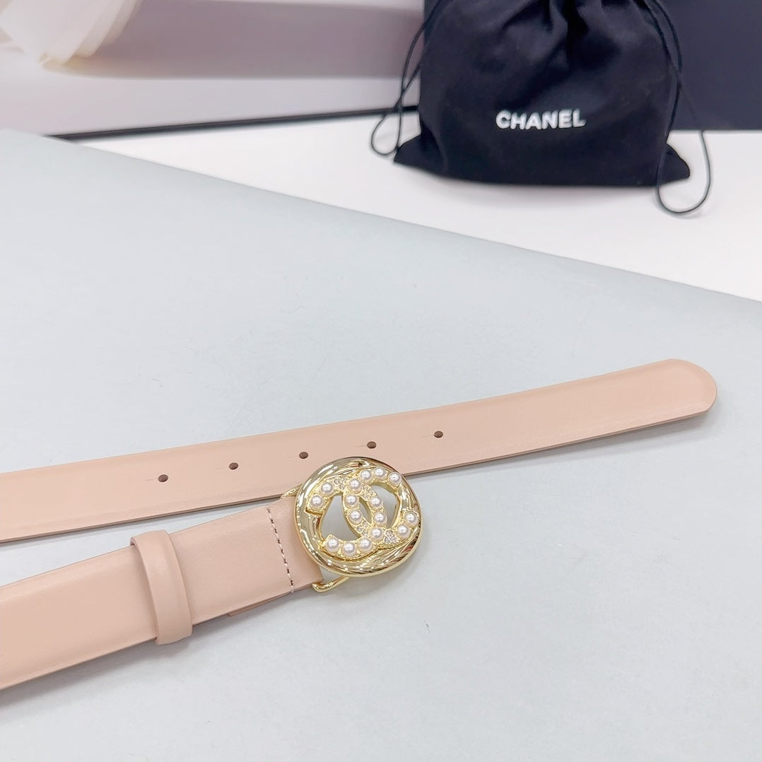 CC 30MM BELT IN NUDE BEIGE CALFSKIN GOLD HARDWARE ATTACH PEARLS