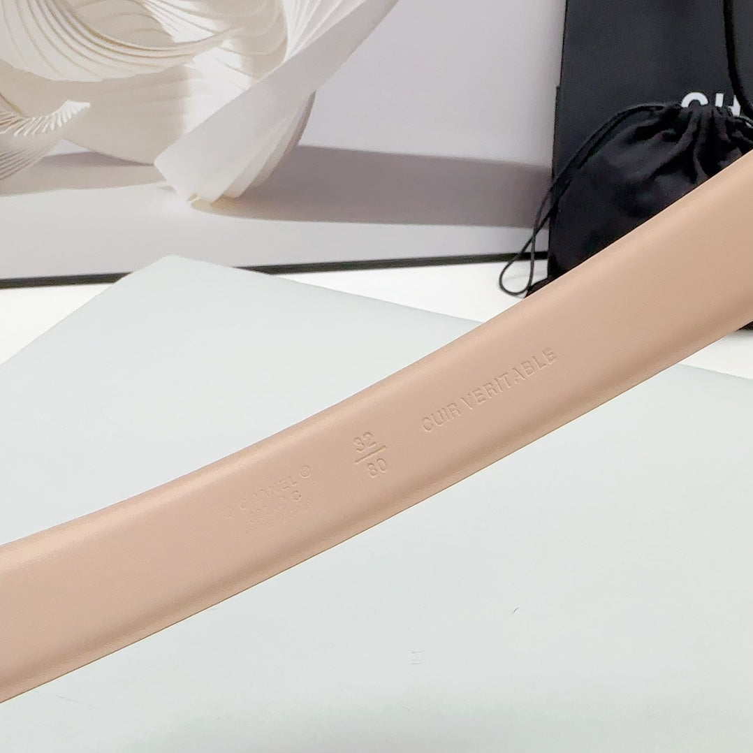 CC 30MM BELT IN NUDE BEIGE CALFSKIN GOLD HARDWARE ATTACH PEARLS