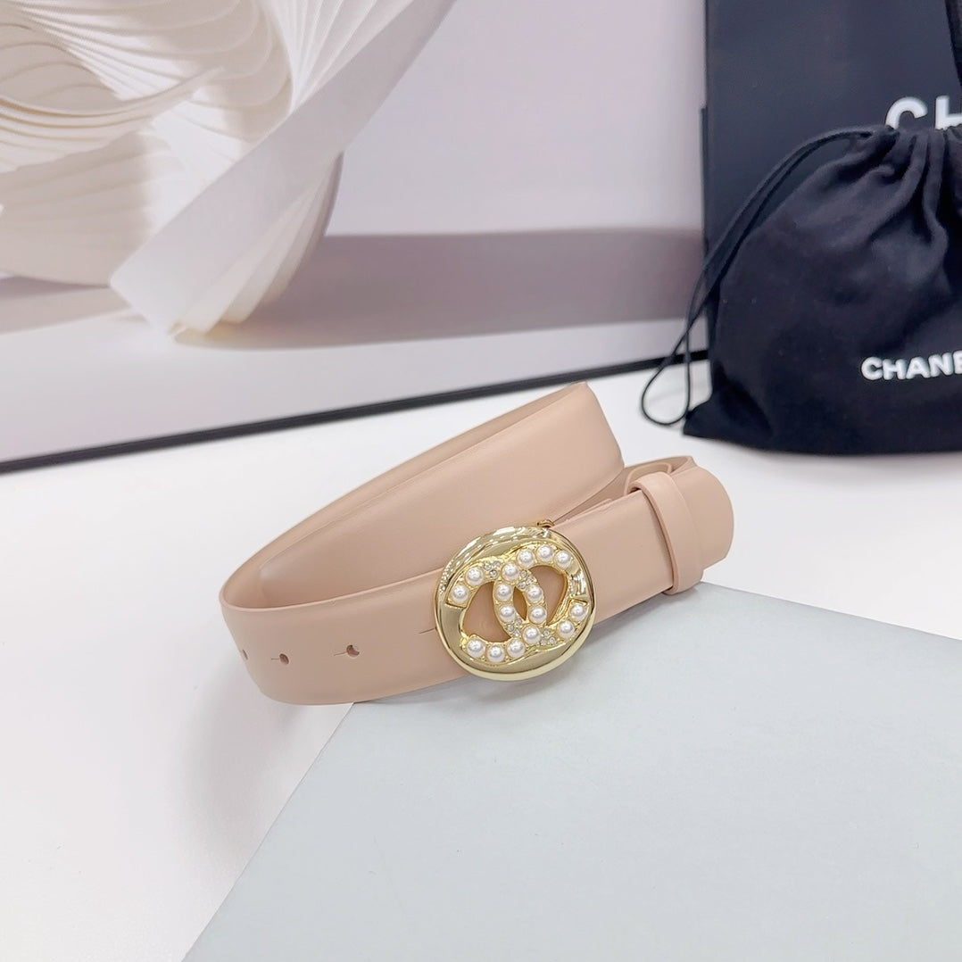 CC 30MM BELT IN NUDE BEIGE CALFSKIN GOLD HARDWARE ATTACH PEARLS