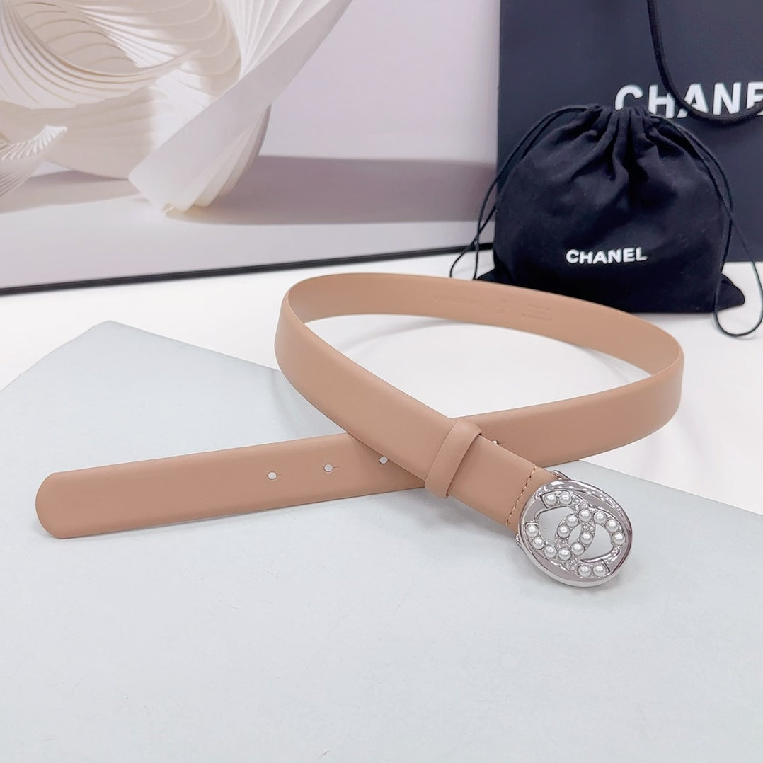 CC 30MM BELT IN DESERT SAND CALFSKIN SILVER HARDWARE ATTACH PEARLS