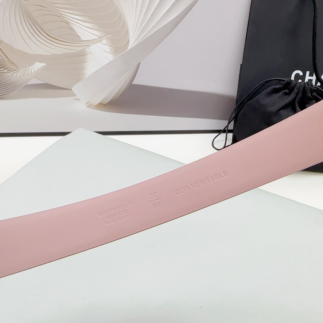 CC 30MM BELT IN FLAMINGO PINK CALFSKIN SILVER HARDWARE ATTACH PEARLS