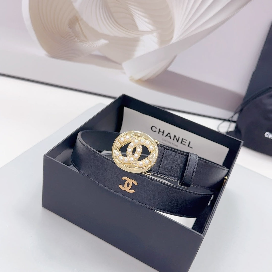 CC 30MM BELT IN BLACK CALFSKIN GOLD HARDWARE ATTACH PEARLS