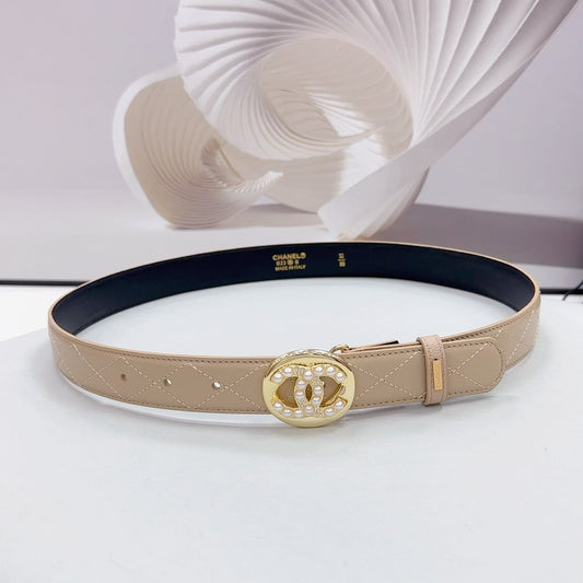 CC 30MM BELT IN CAMEL BROWN CALFSKIN GOLD HARDWARE ATTACH PEARLS