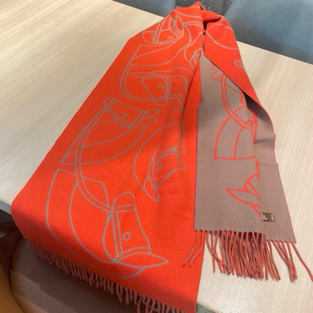 CASAQUE ENTRELACS EQUESTRES 190 CM SCARF IN ORANGE RED CASHMERE