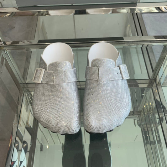 BIRKENSTOCK CLOG ATTACHED RHINESTONES IN WHITE CALFSKIN