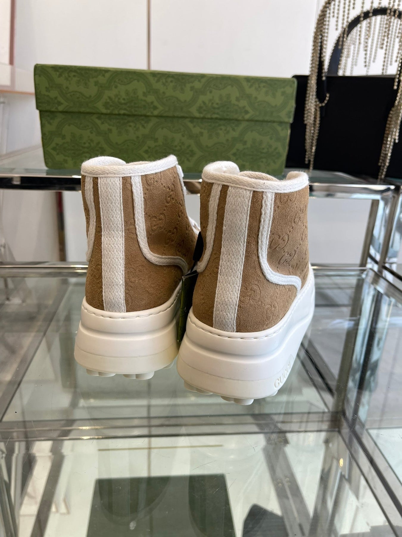 GG HIGH TOP SNEAKER IN CAMEL BROWN CANVAS WITH BEIGE FLEECE LINING