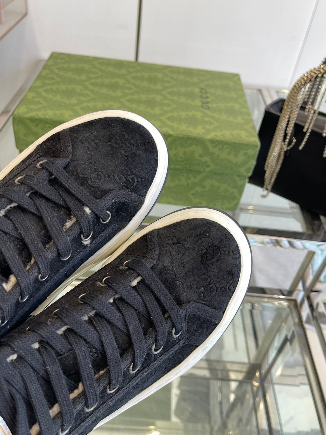 GG HIGH TOP SNEAKER IN BLACK CANVAS WITH BEIGE FLEECE LINING