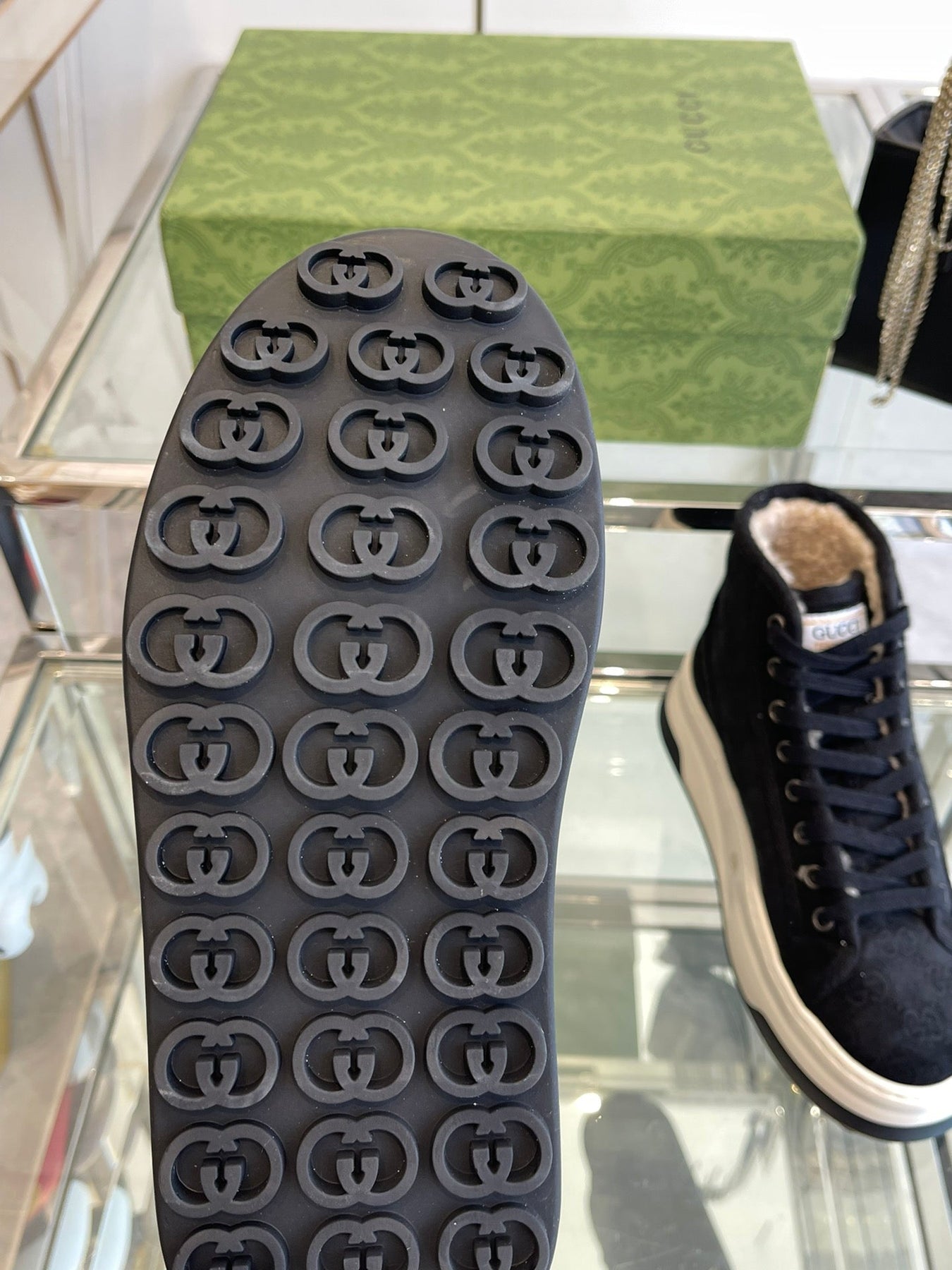 GG HIGH TOP SNEAKER IN BLACK CANVAS WITH BEIGE FLEECE LINING