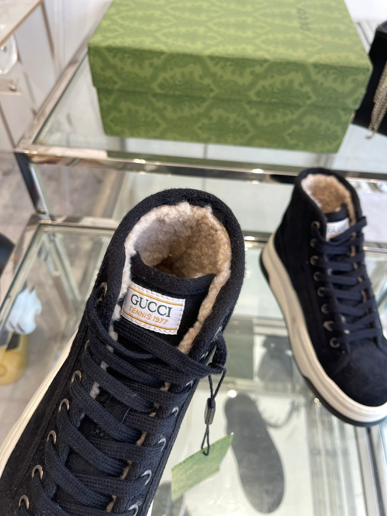 GG HIGH TOP SNEAKER IN BLACK CANVAS WITH BEIGE FLEECE LINING