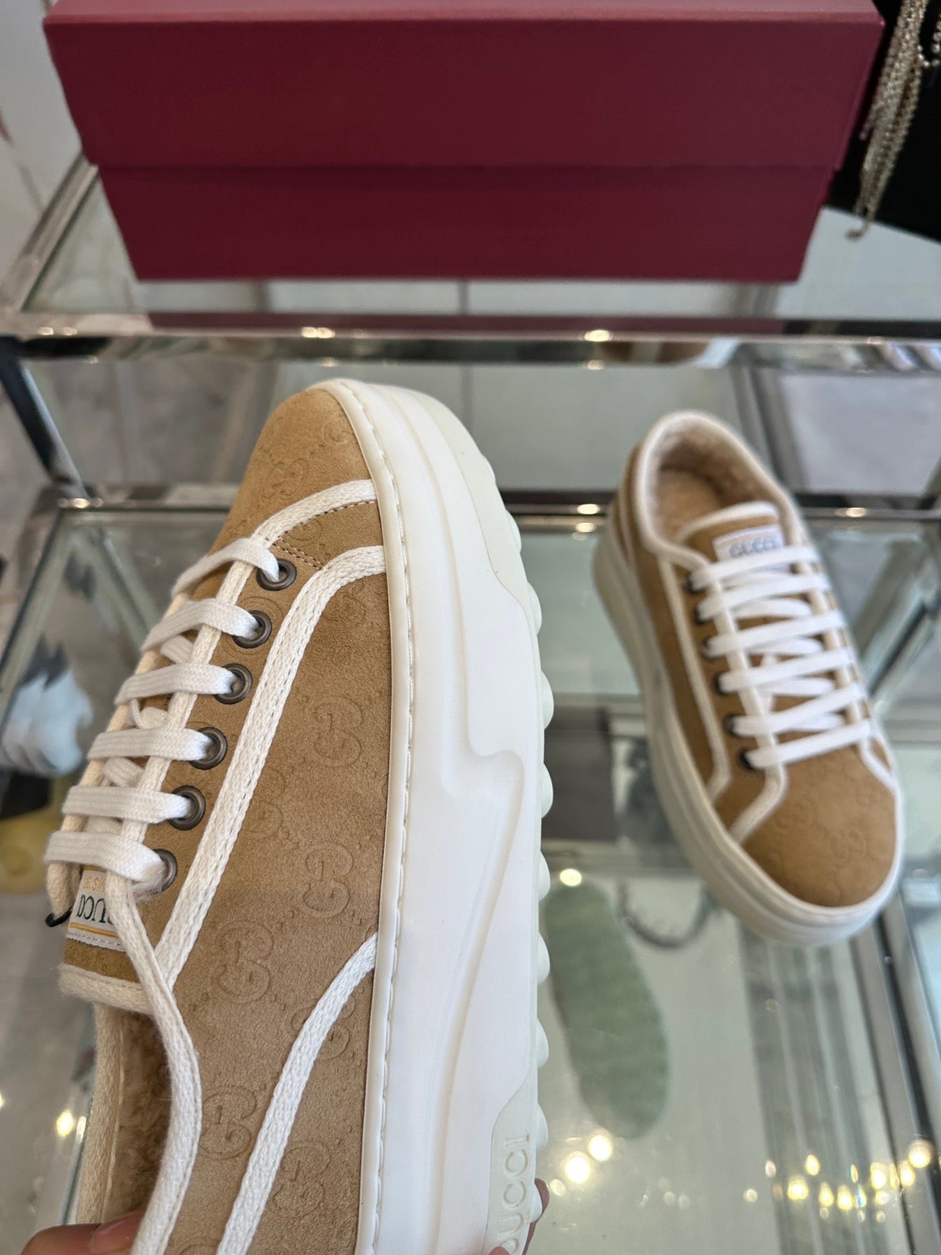 GG TENNIS SNEAKER IN CAMEL BROWN CANVAS WITH BEIGE FLEECE LINING
