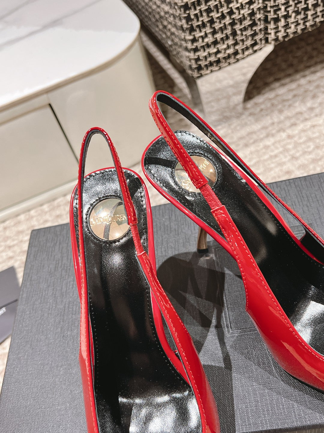 DUNE HIGH 10 CM SLINGBACK PUMPS IN RUBY RED PATENT LEATHER WITH CRYSTAL