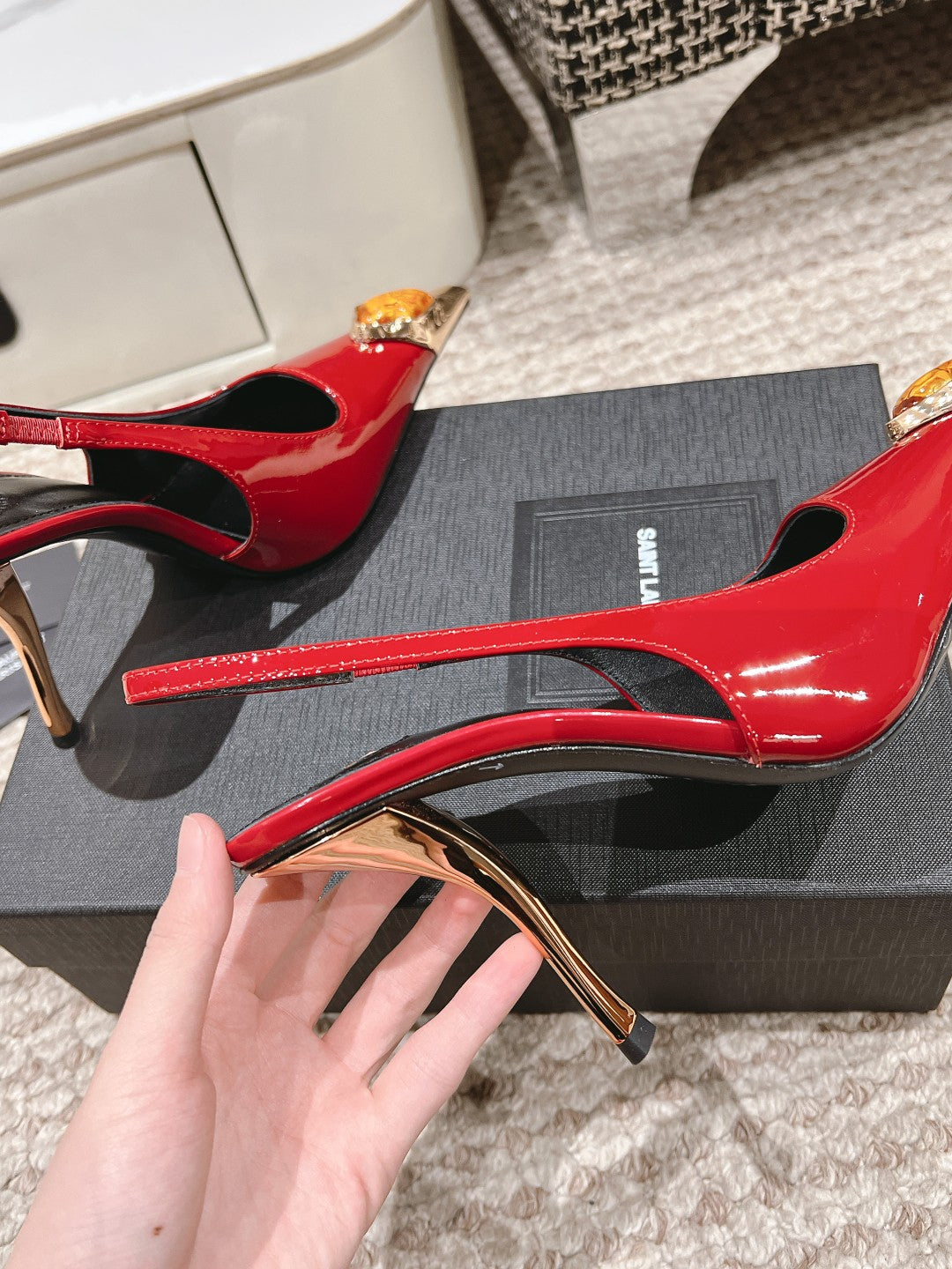 DUNE HIGH 10 CM SLINGBACK PUMPS IN RUBY RED PATENT LEATHER WITH CRYSTAL